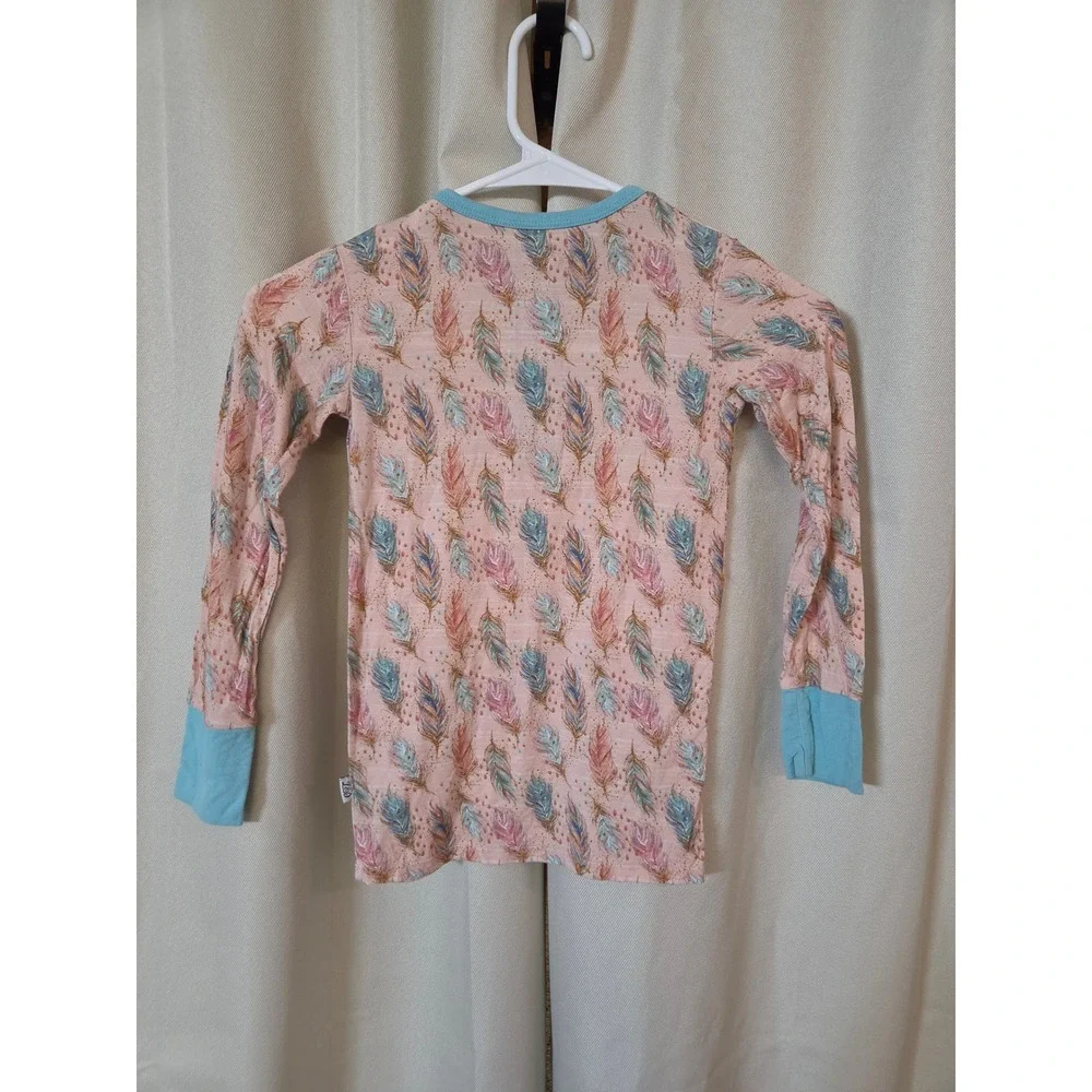Little Dreamers Designs Kids 7T Pink Blue Feather Bamboo Henley Pajama Top